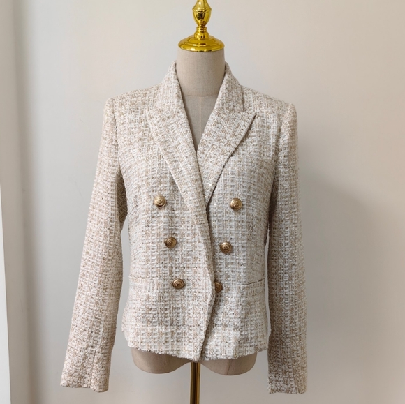 L'AGENCE Brooke double-breasted metallic cotton-blend bouclé-tweed blazer - Picture 6 of 15